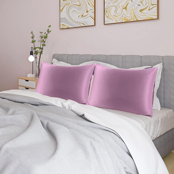 uxcell 2 Pack Silk Satin Pillowcase for Hair and Skin, Cool, Silky, Soft Breathable Pillow Cases King Size 20x36 Inch Sateen Pillowcase Mauve with Envelope Closure