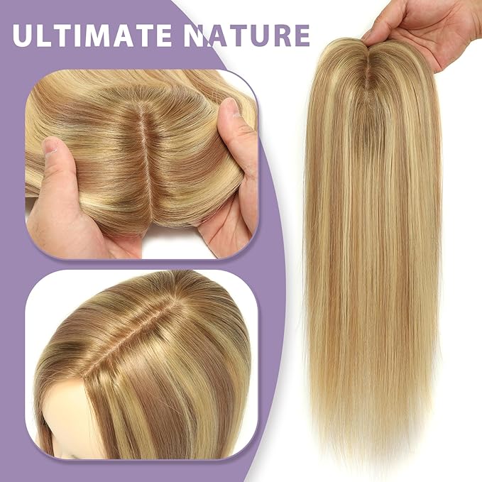 Real Human Hair Toppers for Women #TLQ, 3x5 Inch Injected Silk Base 130% Density 12 Inch Length Hair Toppers