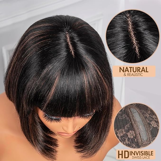 Bob Wig 100% Virgin Human Hair Wigs Glueless 2.5x1 Lace Closed F1B/30 Color Short Bob Human Hair With Bangs Ready To Go Straight bob wig human hair（14 Inch bob wig）