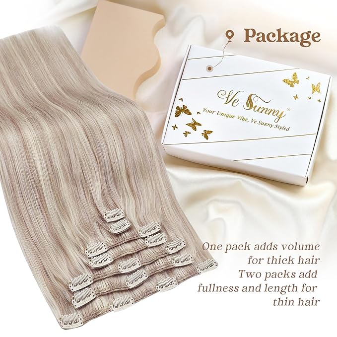 Ve Sunny Real Hair Extensions Clip in Human Hair Ash Blonde Highlight Bleach Blonde Real Human Hair Extensions Clip ins Long Straight Remy Hair Extensions Full Headed 22inch 120g 7pcs
