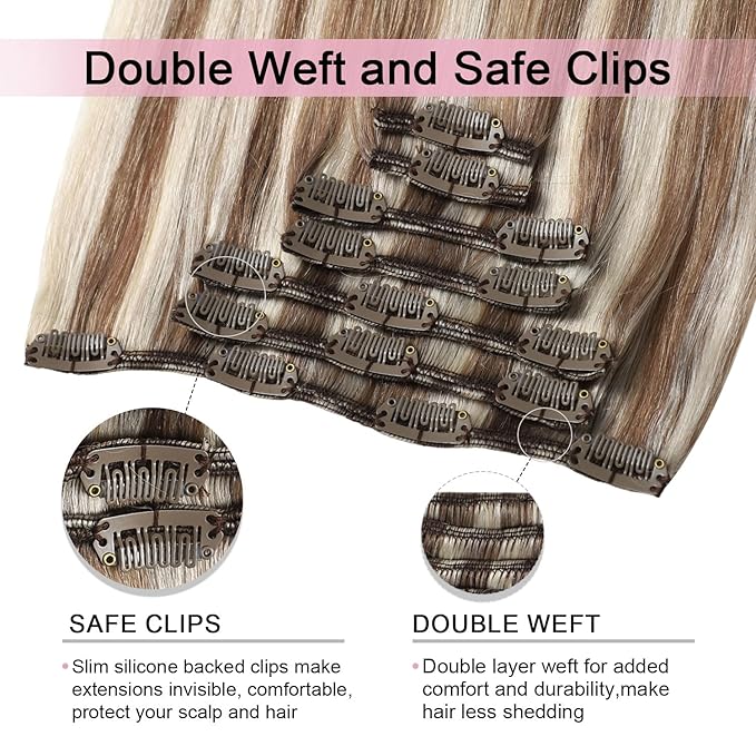Pro2.0 Clip in Hair Extensions Real Human Hair 120g Thick 7pcs Color #8p60 Brown Highlights Platinum Blonde Remy Real Human Hair Extensions Clip ins 14inch Double Weft（#8p60-14inch）