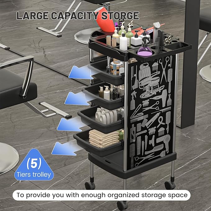 FreSup 6-Tier Salon Cart with Wheels, Stainless Steel Hair Salon Storage Tool Cart, Barber Station Trolley, Rolling Beauty Organizer for Hair Stylist, Makeup, Skincare, SPA, Tattoo （Upsized Tray）