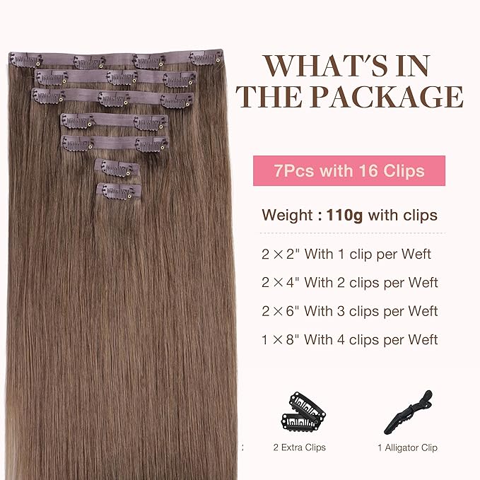GOO GOO Clip in Hair Extensions Real Human Hair, Remy Human Hair Extensions Clip ins for Women, Natural Human Hair, 22inch 110g 7Pcs, 5 Light Ash Brown