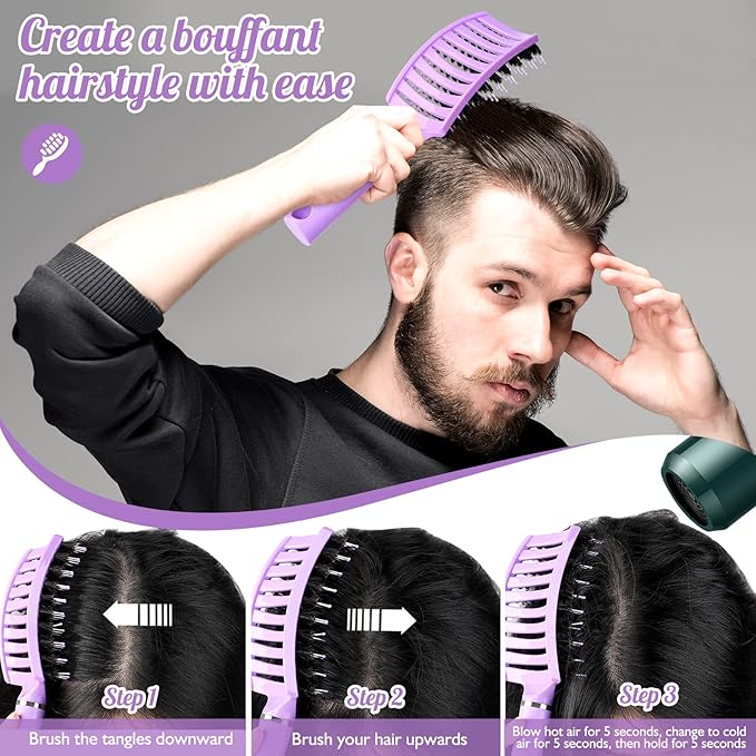 Hair Brush,URTHEONE Detangling Hairbrush Boar Bristle Curved Vented Hair Brush for Women Men Kids Curly Thick Long Short Wet or Dry Hair, Faster Blow Drying (2Pack, Pink&Purple)