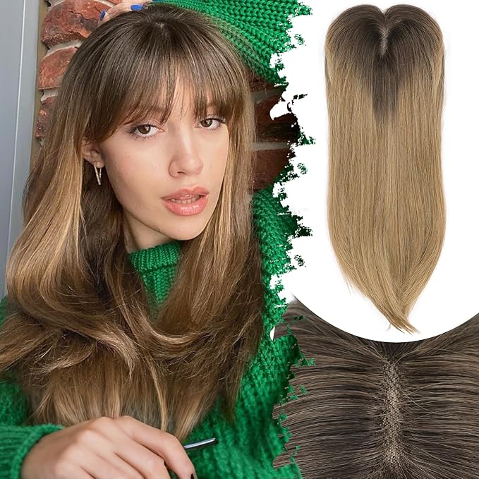 Hair Topper for Women Clip in Bangs – 18 Inch Medium Length Straight 360° Full Coverage Ombre Blonde,Synthetic Natural Looking Piece for Thinning Hair
