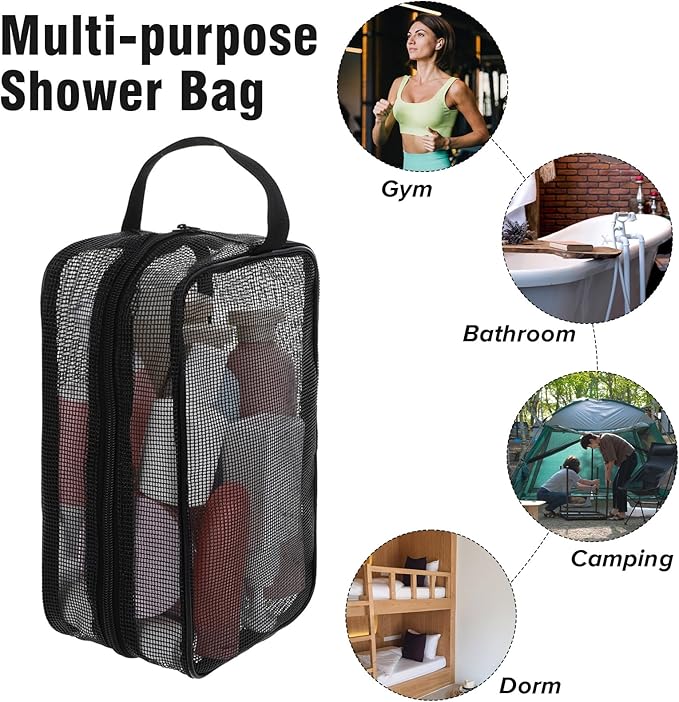 1 Pcs Mesh Shower Caddy Portable Travel Mesh Toiletry Bag Quick Dry Tote Bags Dorm Toiletry Organizer for Women Men Gym Bag Camping Organizer Hanging Bathroom Mesh Bag Black 9.8 × 6.3 × 4.3 Inch