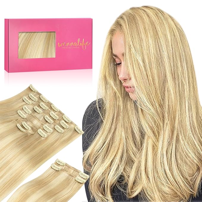 WENNALIFE Clip in Hair Extensions, 150g 20 Inch 9pcs Light Blonde Highlighted Golden Blonde Remy Hair Thicker Double Weft Extensiones De Cabello Humano Con Clip Ins Straight Full Volume