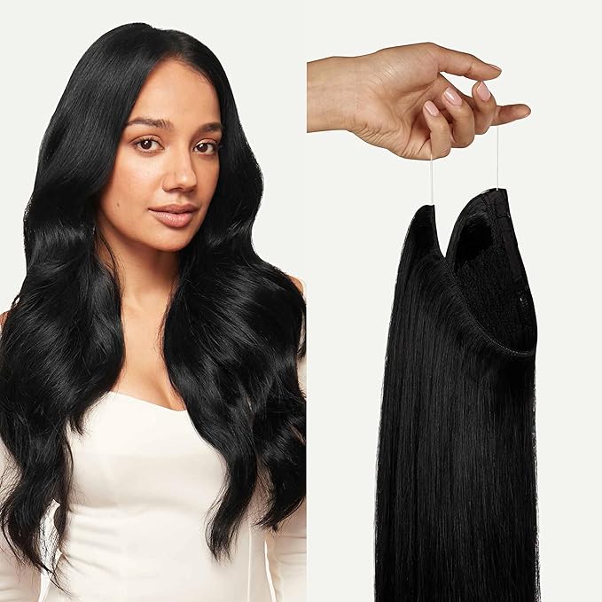 Luxy 100% Remy Human Hair – Halo Clip-In Hair Extensions –Natural Looking Volume & Length - One-Piece - Easy 5-Min Application 140 grams 16" Jet Black Halo