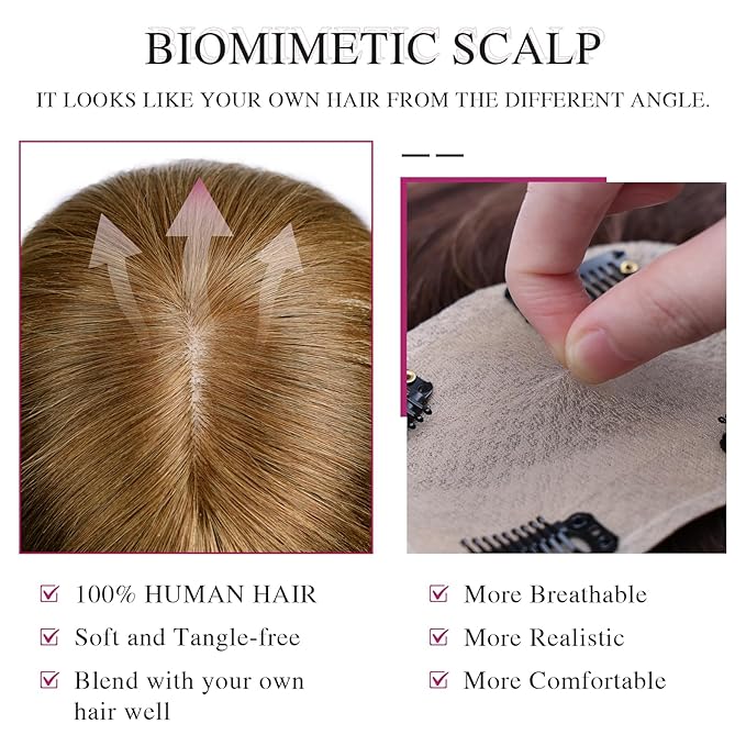 VERNA Real Human Hair Topper, 10 Inch 100％ Human Hair Toppers for Women with Thinning Hair, Large area Coverage Light Brown Hairpiece Wiglet for Daily Wear(8 * 11)
