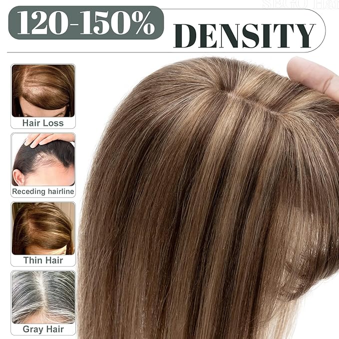 SEGO Hair Toppers for Women Real Human Hair with Thinning Hair, Toppers Hair Clip in Toppers Straight with Front Bangs 150% Density Silk Base -8 Inch #4/27 Medium Brown Mix Dark Blonde