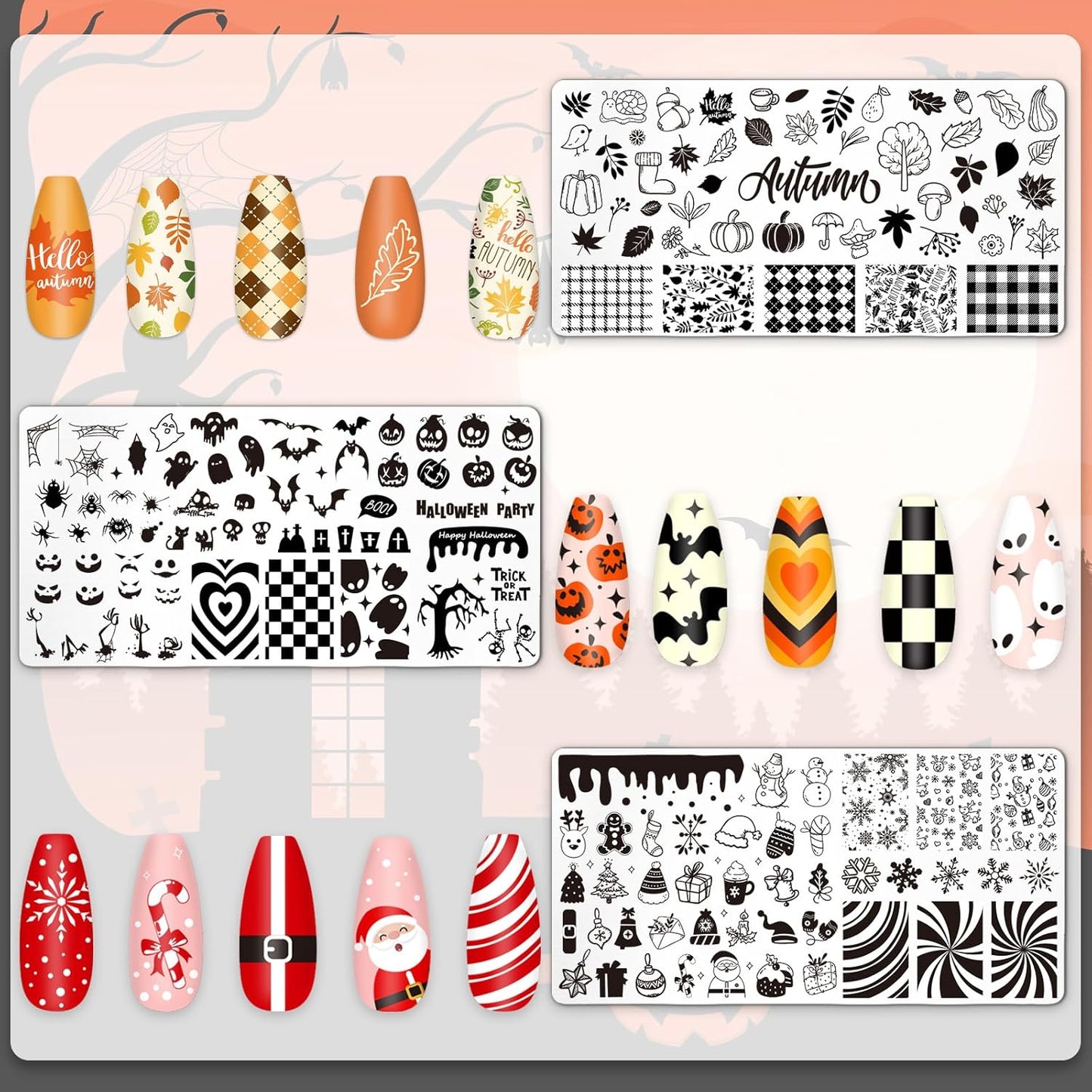 Whaline 6Pcs All Holiday Nail Art Plates Valentines StampTemplates Set Winter Christmas Fall Nail Plates Stamping for Xmas DIY Print Manicure Salon Design Gift