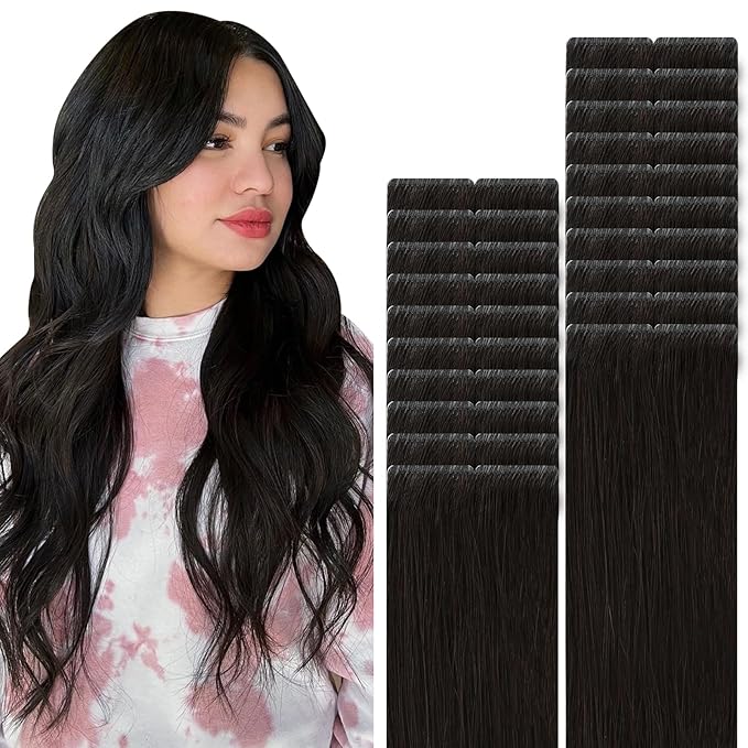 VINBAO Invisi Edge Hair Extensions Real Human Hair Tape in, Natural Black 50g 18in 20pcs Injected Tape in Extensions Pro Quality Injection Tape-ins 18inch #1B