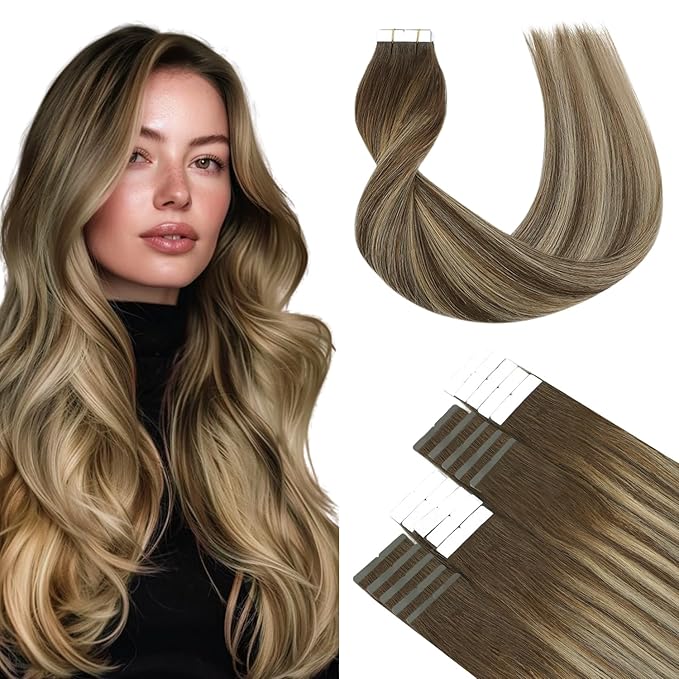 SURNEL Tape in Hair Extensions Balayage Chocolate Brown to Caramel Blonde Tape in Extensions Human Hair 16 inch 20pcs 50g(#4/27/4-16)
