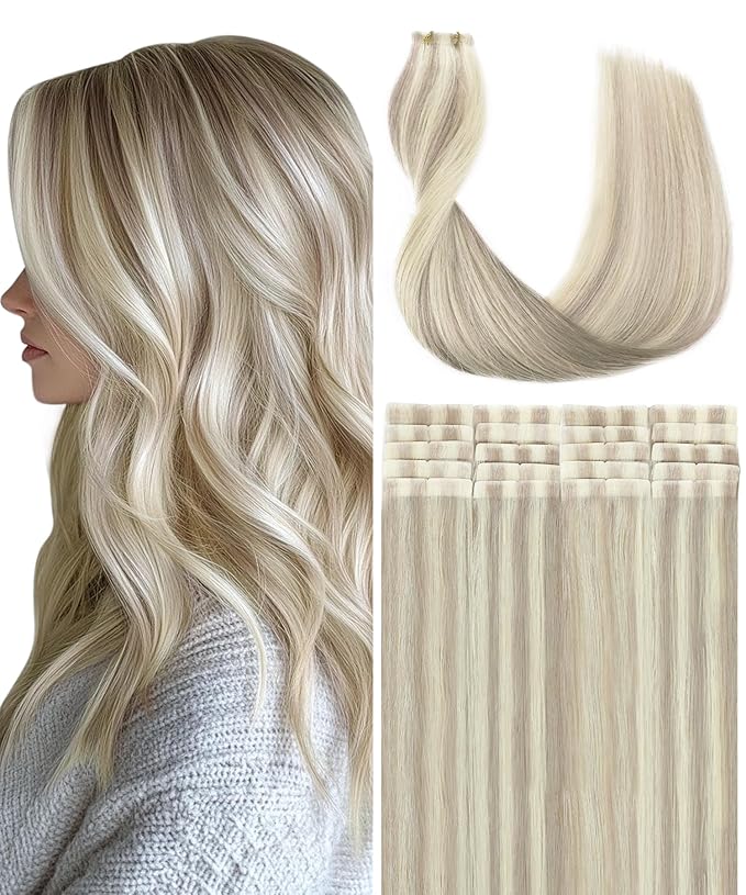 SURNEL Injection Tape in Hair Extensions Human Hair #18P60 Ash Blonde with Platinum Blonde Injected Tape in Hair Extensions Seamless Tape ins 14inch 20pcs 30g(#18P60,14)