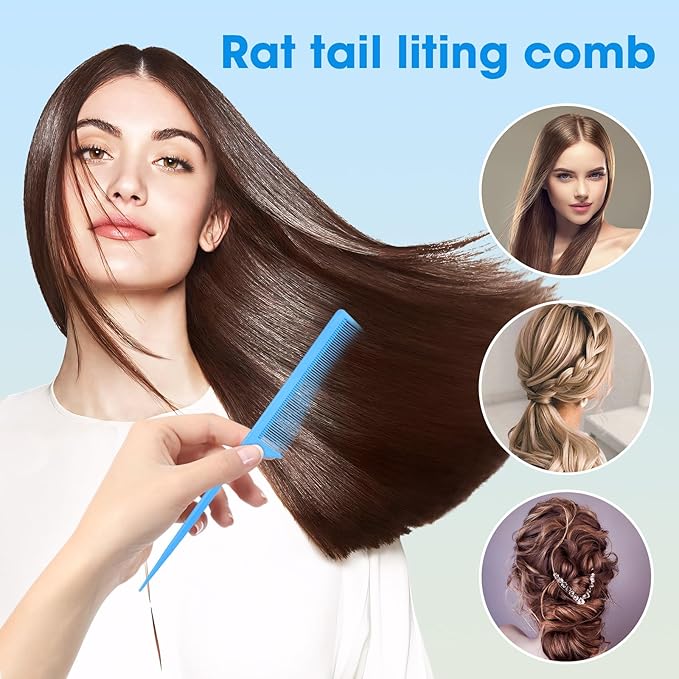 Rat Tail Comb 2Pcs Rat Tail Combs for Women, Fine Tooth Parting Tip Carbon Fiber Root Teasing Anti Static Combs for Styling (2Pcs Blue)