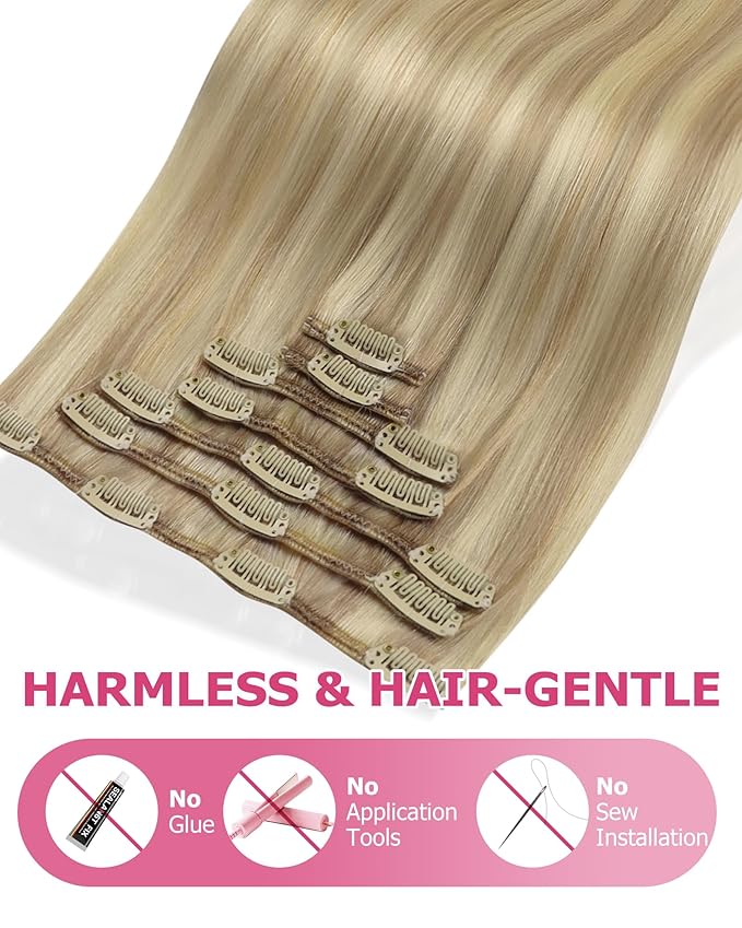 YoungSee Blonde Clip in Hair Extensions Highlights Human Hair Clip in Extensions Light Blonde Highlights Golden Blond Hair Extension Clip ins Easy to Install 7Pcs 120G 14inch