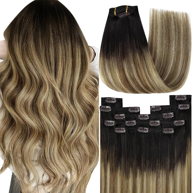 YoungSee Clip in Human Hair Extensions Dark Roots to Medium Brown Mix Blonde Balayage Real Hair Extensions Clip ins Human Hair Ombre Clip on Hair Extension for Women 16inch 120g