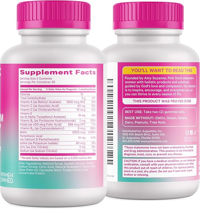 Pink Stork Postpartum Hair Loss Gummies | Biotin, Pantothenic Acid, Vitamin E, B6, B12 | Postnatal Hair Growth + Regrowth Support | Breastfeeding-Friendly | Postpartum Essentials | 60 Gummies