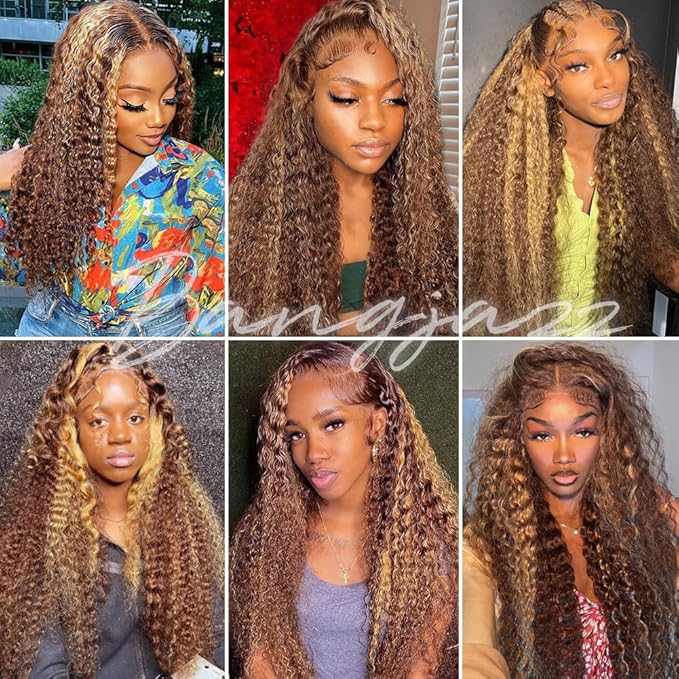 bangjazz 22 Inch Highlight Ombre Lace Front Wig Human Hair Deep Wave 13x4 HD Lace Frontal Wigs Human Hair 180% Density P4/27 Colored Curly Wigs for Women Human Hair Glueless Pre Plucked Wig