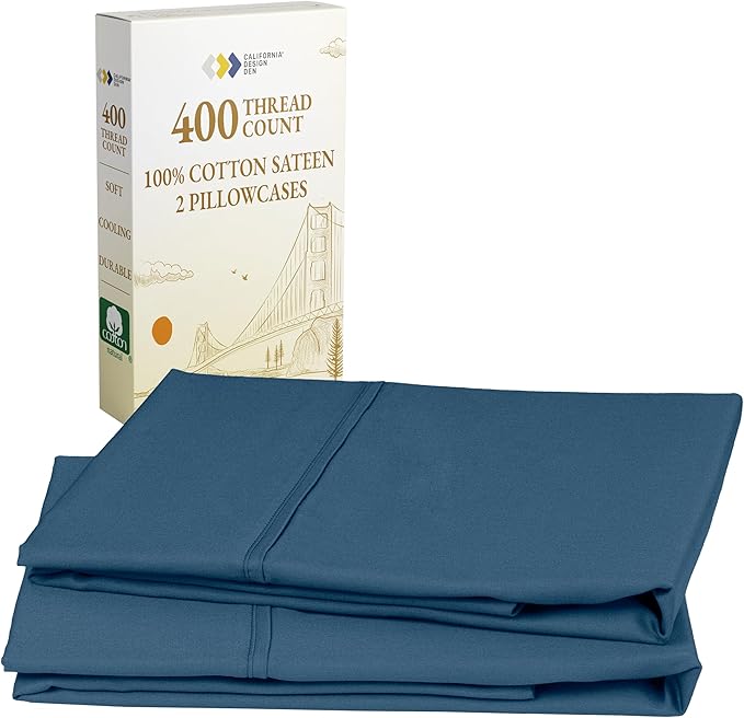 California Design Den Standard Queen Size Pillowcase Set - 400 Thread Count, 100% Cotton Sateen, Set of 2 Pillow Covers, Soft and Breathable - Peacock Blue