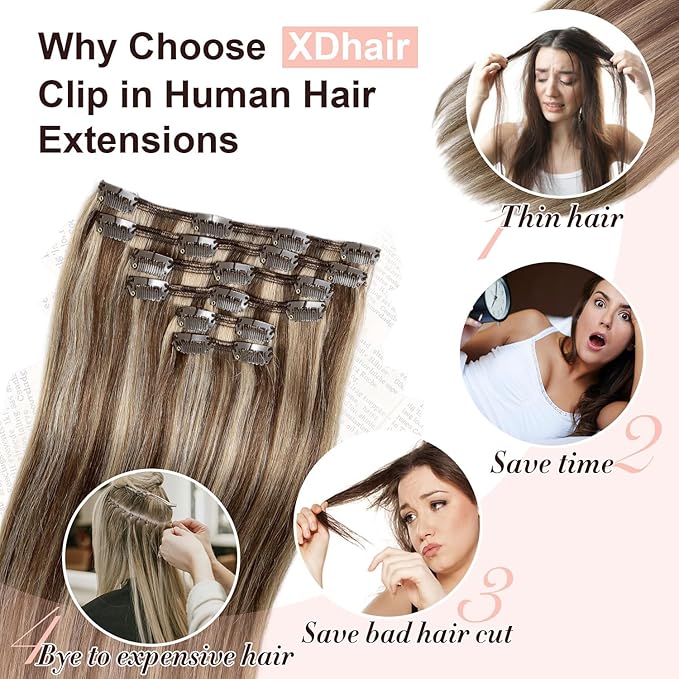 XDhair Clip In Hair Extensions Remy Human Hair 100g 6Pcs Medium Brown #4 Mixed to Caramel Blonde #27 Clip In Real Hair Extensions Silk Stright (#4P27,14Inch)