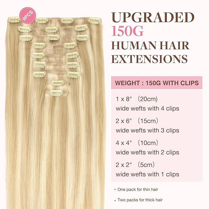 GOO GOO Clip in Hair Extensions Real Human Hair, Remy Human Hair Extensions Clip ins for Women, Natural Human Hair, 22inch 150g 9Pcs, 18A/613A Dark Blonde Highlighted Bleach Blonde