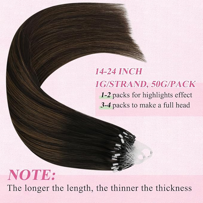 YoungSee Micro Link Hair Extensions Human Hair Brown Micro Bead Hair Extensions Real Human Hair Balayage Dark Brown with Browns Micro Human Hair Extension 16 Inch Ombre Microring Extension 50g 50s