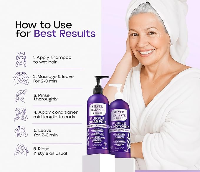 Silver Shine Sulfate Free Brass Toning Purple Shampoo and Conditioner Set for Gray, Blonde & White Hair – Neutralizes Brass, Enhances Shine, Supports Cool Tone, Made in USA, 16 fl oz