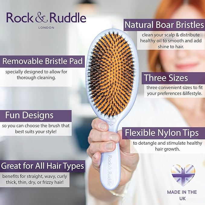 Rock & Ruddle Natural Mixed Boar Bristle Hair Brush for Women and Kids (Small/Travel Size, 17.5cm) - Perfect for Wet or Dry Hair, Detangling Smoothing Blowdrying - Made in UK - Red Shimmer Design