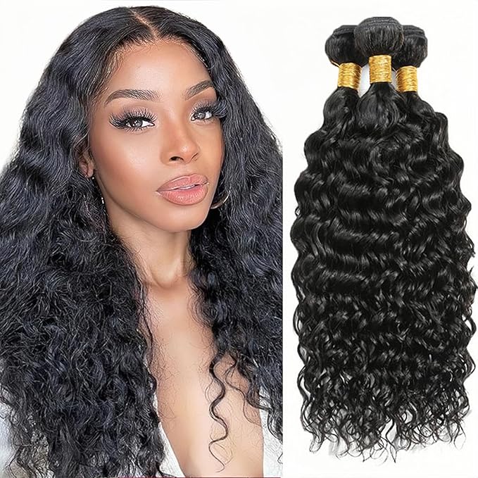 Human Hair Bundles Natural Black Water Wave Bundles 16 18 20 Inch Niegmeag Brazilian Virgin Soft and Silky Remy Hair Extensions Double Weft Hair Weave 300g