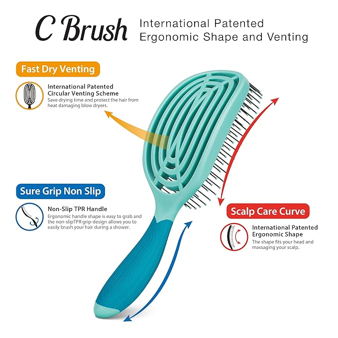 NuWay 4Hair C Brush - Professional Curved Hairbrush - Vented Design Delivers Smoothing And Volumizing Drying Experience - Heat Resistant Bristles For Drying Detangling and Styling - Turquoise - 1 Pc