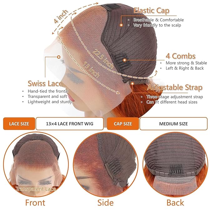 Ginger Wig Human Hair 13x4 Straight Ginger Orange Lace Front Wigs Human Hair HD Transparent Lace Frontal 350 Colored Wig Pre Plucked 180% Density 24inch