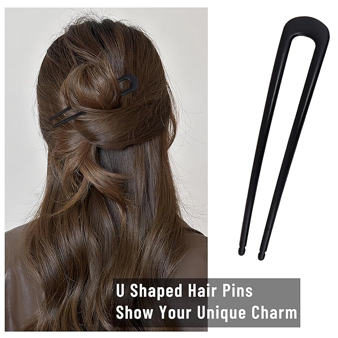 6Pcs Metal French Hair Pins for Women U Shape Sticks 3.9 Inch Vintage Fork for Hairstyle Accessories(Black)