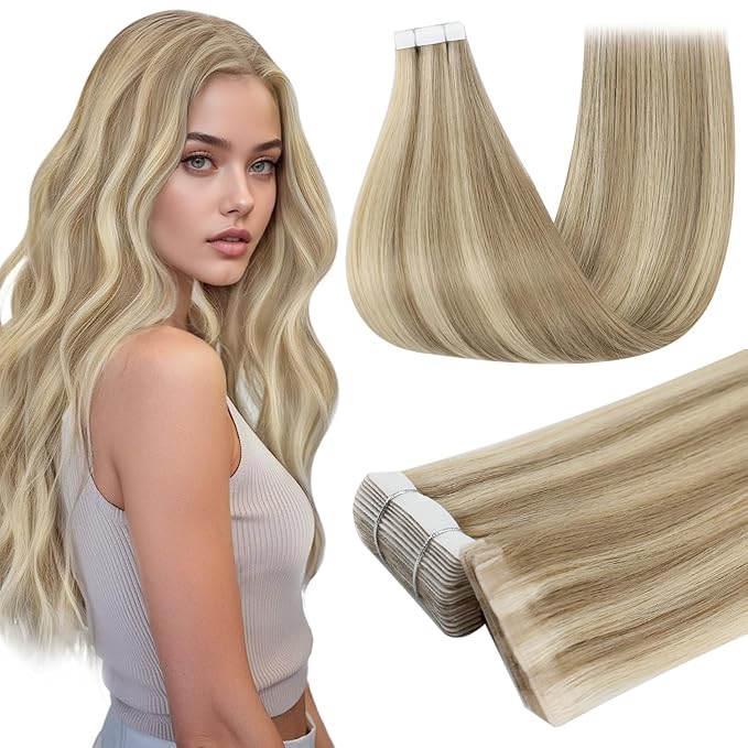 Full Shine Tape in Hair Extensions Injected Real Human Hair 20 Inch Color 16 Golden Blonde Highlight 22 Medium Blonde Natural Skin Weft Thick Tape in Extension 50 Grams 20Pcs Straight for Wedding