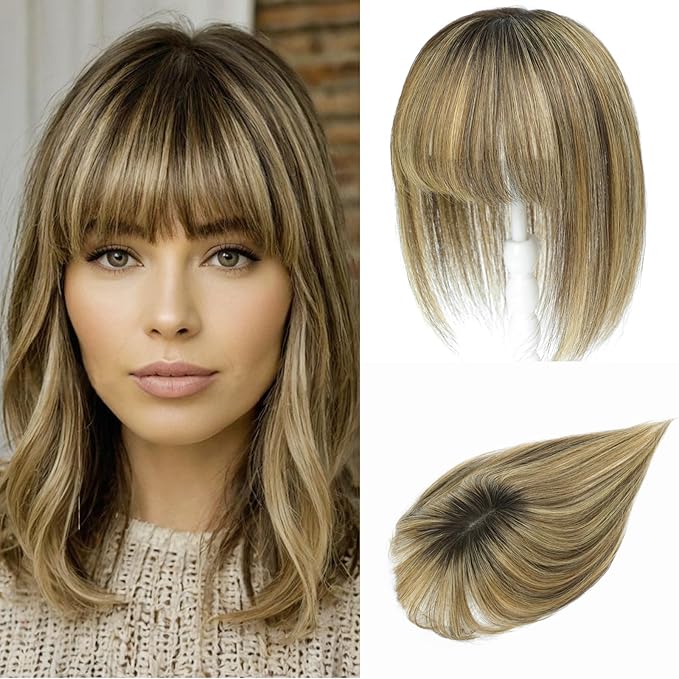 YAMI Human Hair Toppers for Women with Thinning Hair Topper with Bangs Upgrade Swiss Base 10inch Hairpiecees for Women with Hairloss (Medium Brown Mix Blonde with Dark Brown Root)