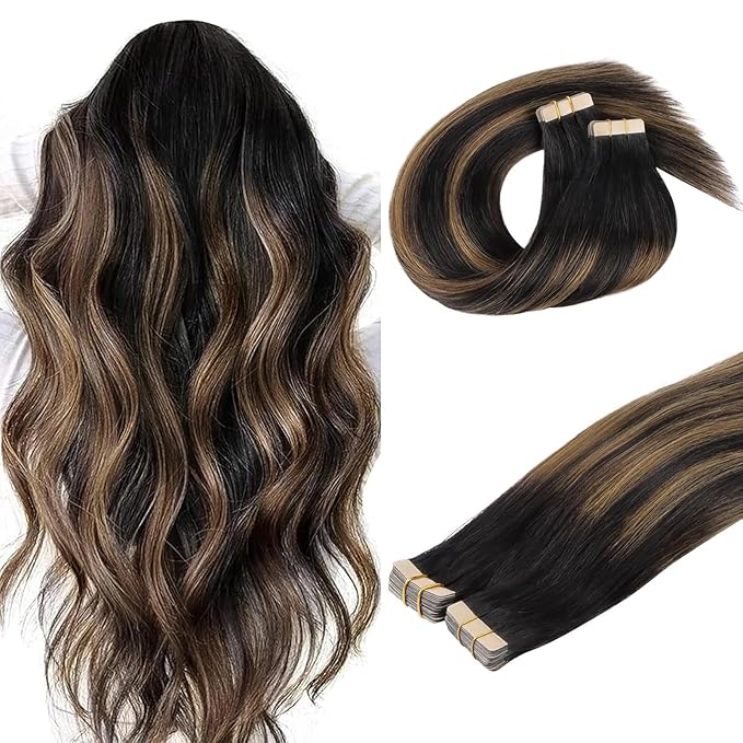 DOORES Real Human Hair Extensions, Balayage Natural Black to Chestnut Brown 120g 40pcs 26 Inch, Remy Tape in Skin Weft Natural Hair Extensions Straight