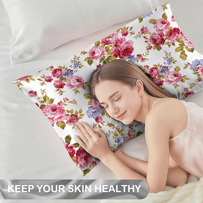 Rose Flower Floral Satin Pillow Case Queen Size,Soft Pillowcases for Hair and Skin Similar to Silk,Pillowcases with Hidden Zipper Bedding Accessories,20X30 Inches,1 Pack