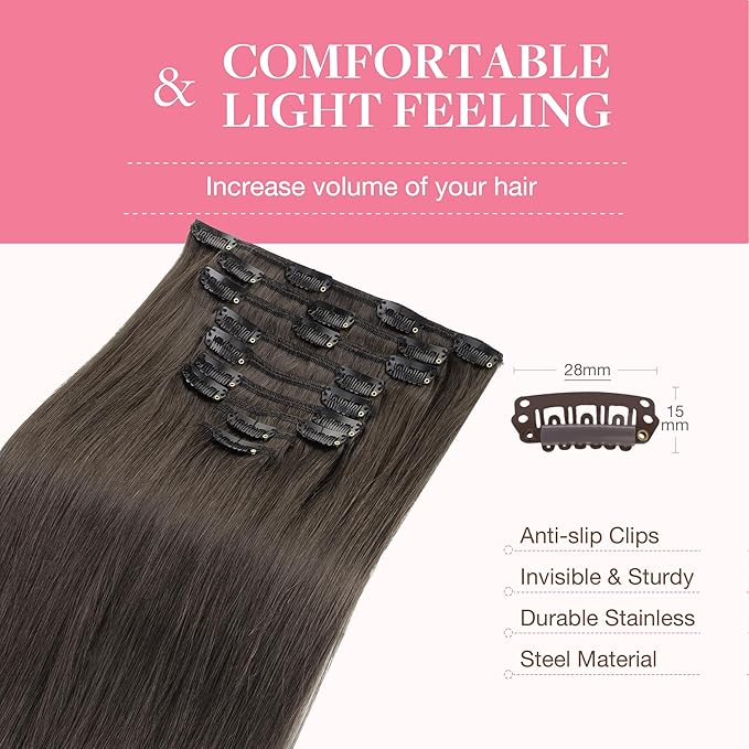 GOO GOO Clip in Hair Extensions Real Human Hair, Remy Human Hair Extensions Clip ins for Women, Natural Human Hair, 16inch 150g 9Pcs, 1C Mocha Brown