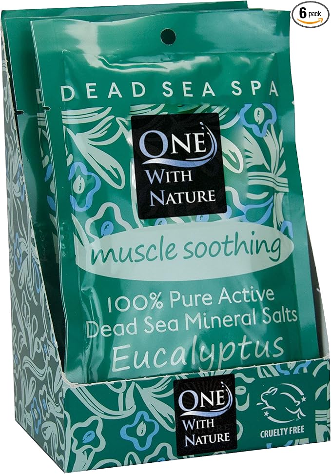 One With Nature 100% Pure Dead Sea Salt for Bath Eucalyptus, 2.5oz 6Pack. Dead Sea Salt is high in 21 Essential Minerals, Such as Magnesium, Sulfur, Zinc, Potassium. Skin Nourishing and Therapeutic.