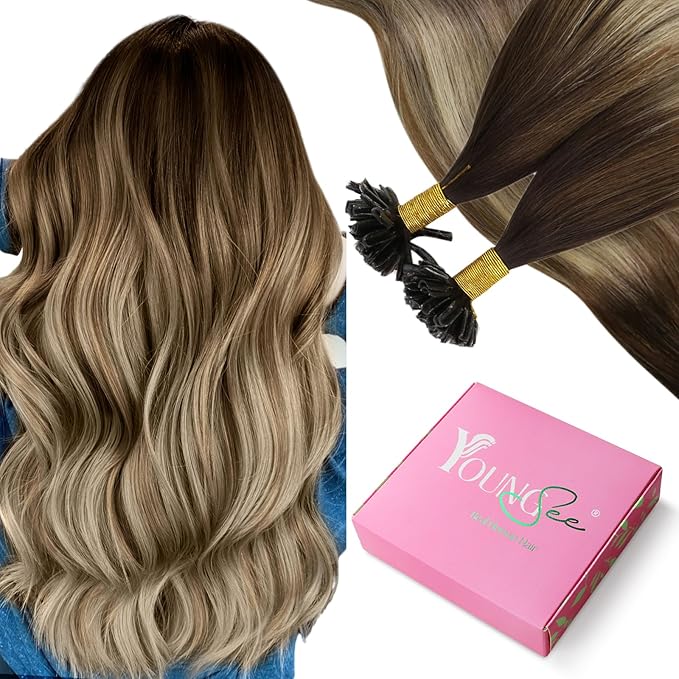 YoungSee U Tip Hair Extensions Human Hair Ombre Dark Brown to Brown with Blonde Keratin Human Hair Extensions 24In 1G/S 50G