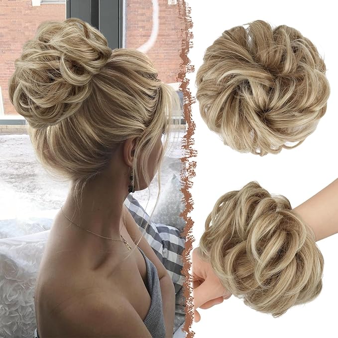 FESHFEN Messy Bun Hair Piece - Large Elastic Wavy Curly Hair Bun Scrunchies Ponytail Extensions Synthetic Chignon Hairpieces for Women, Mixed Blonde and Ash Blonde Tips 1.94oz