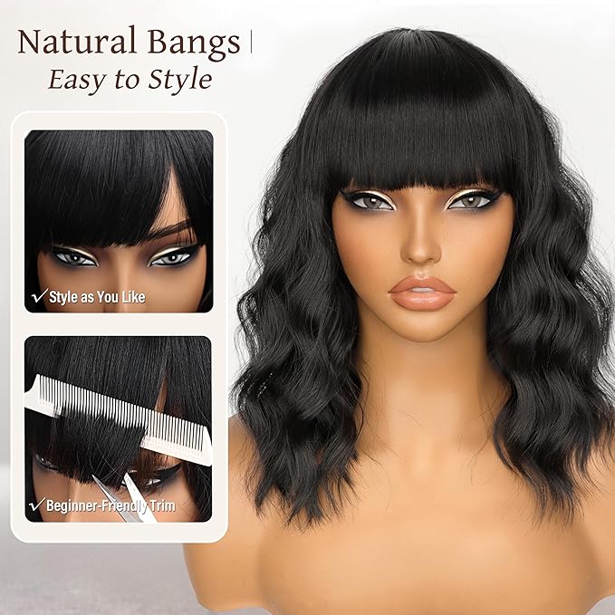 Nnzes Black Wavy Wigs with Bangs Women’s Short Black Bob Wig Synthetic Natural Looking Heat Resistant Fiber Hair