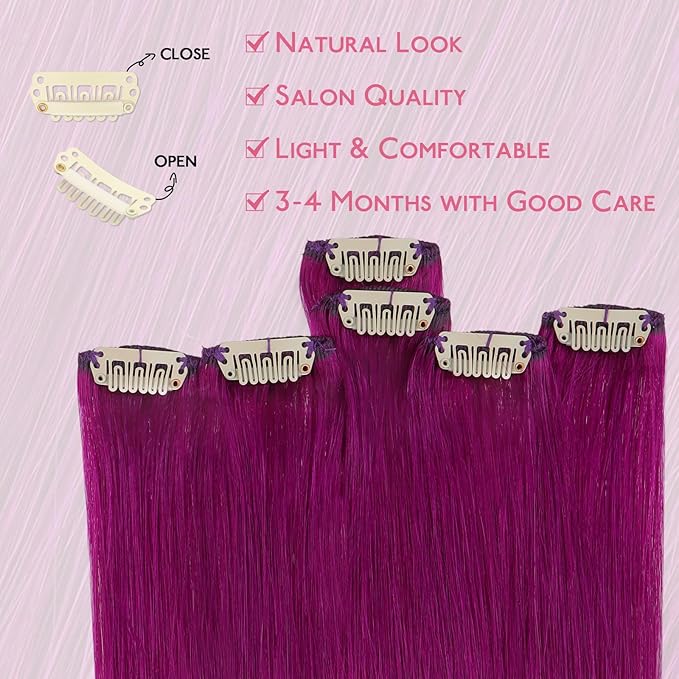 WENNALIFE Violet Clip in Hair Extensions Real Human Hair 35g 6pcs 16 Inch Colored Hair Extensions for Kids Women Colorful Hair Pieces Pop-up Style Straight Extensiones De Cabello Humano Con Clip