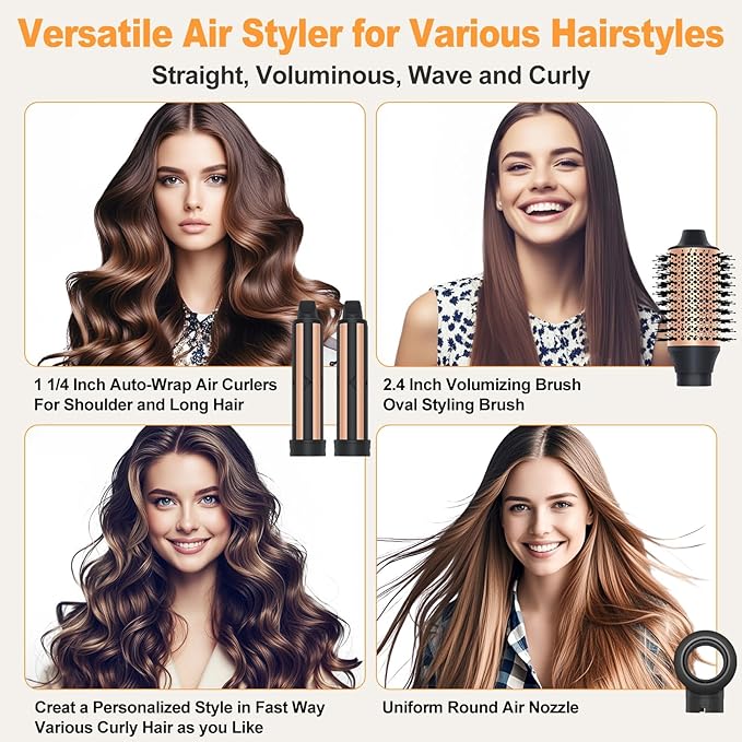 Hair Styler Hair Dryer Brush - 110,000 RPM High-Speed Hot Air Styler,Multi Stylers with Auto-Wrap Curler, Professional Blow Dryer Brush for Fast Curling Volumizing Straightening Styling(Black-Golden)