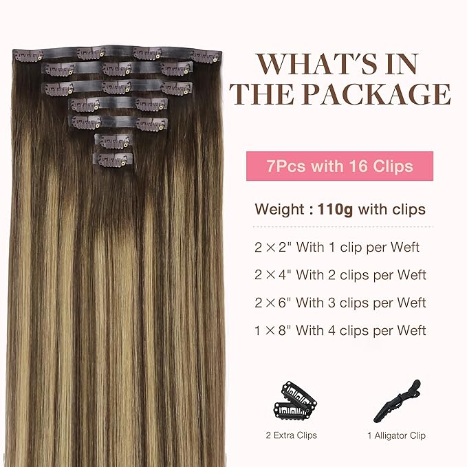 GOO GOO Clip in Hair Extensions Real Human Hair, Remy Human Hair Extensions Clip ins for Women, Natural Human Hair, 14inch 110g 7Pcs, 4/27/4 Balayage Chocolate Brown to Caramel Blonde
