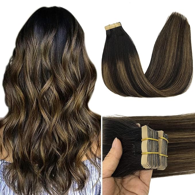 GOO GOO Tape in Hair Extensions Human Hair, 1B/6/1B Balayage Natural Black to Chestnut Brown, 10inch 30g 20pcs, Skin Weft Seamless Invisible, Silky Straight with Thick Ends, Remy Human Hair