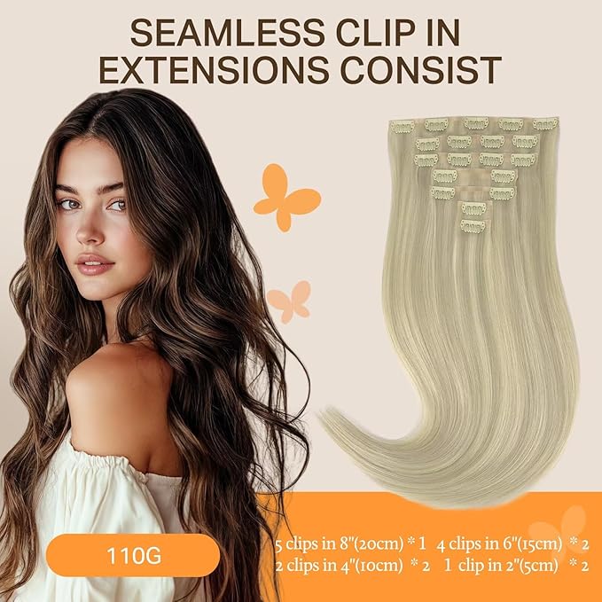 DOORES Hair Extensions Human Hair, Ash Blonde Highlighted Platinum Blonde 110g 7pcs 14 Inch, Seamless Clip in Hair Extensions Extensions Straight Invisi Edge