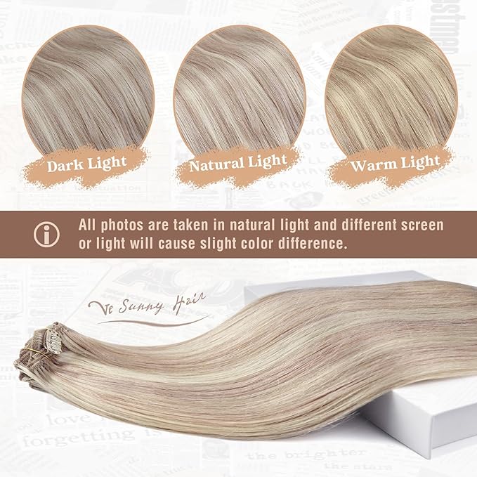 Ve Sunny Clip in Hair Extensions Real Human Hair Ash Blonde Highlight Bleach Blonde Hair for Women Hair Extensions Clip ins Long Double Weft 120g 24inch 7pcs