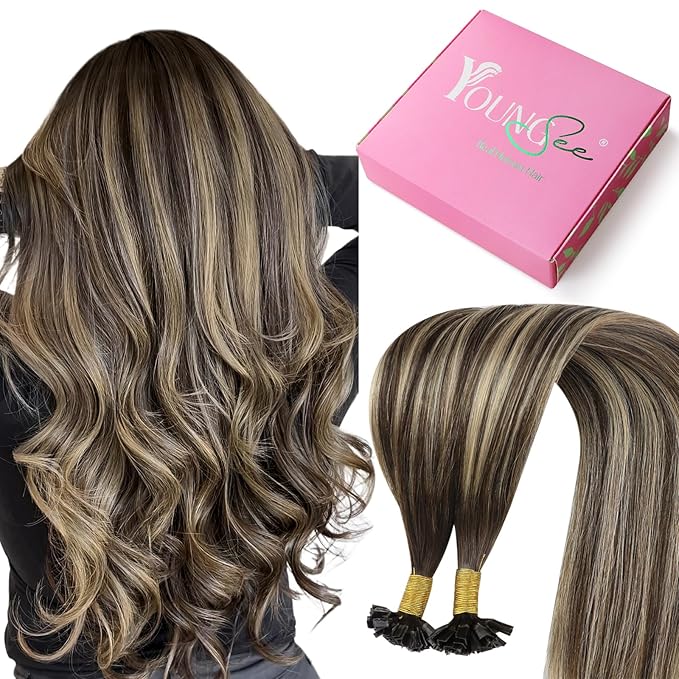 YoungSee K Tip Hair Extensions Human Hair Dark Brown Ombre Ash Blonde K Tip Hair Extensions Human Hair Ombre 22In 1G/S 50G