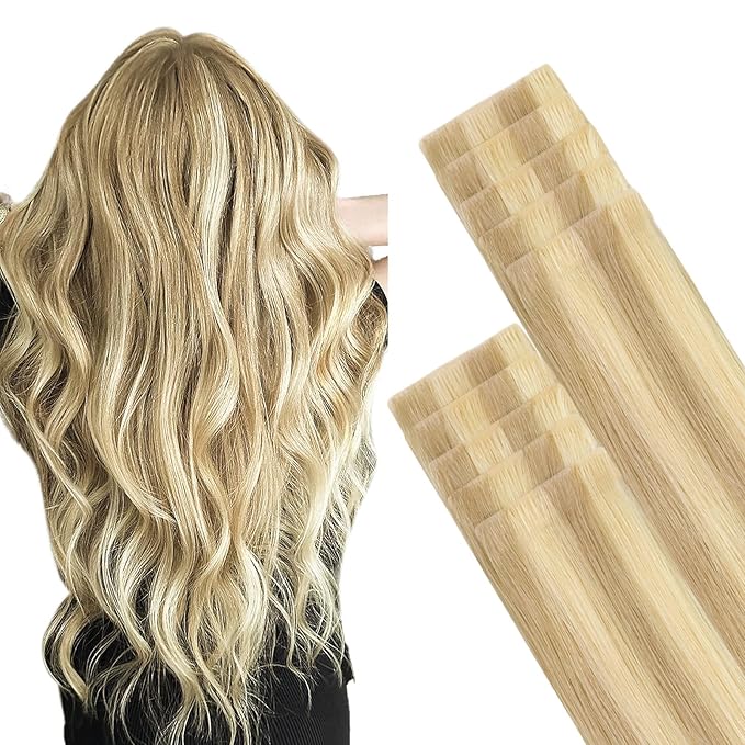 GOO GOO Invisi Edge Tape in Hair Extensions Human Hair, 18D/22F Dirty Blonde Highlights, 10pcs 16inch 25g, Virgin Remy Hair, Seamless Injected Tape, Natural Look